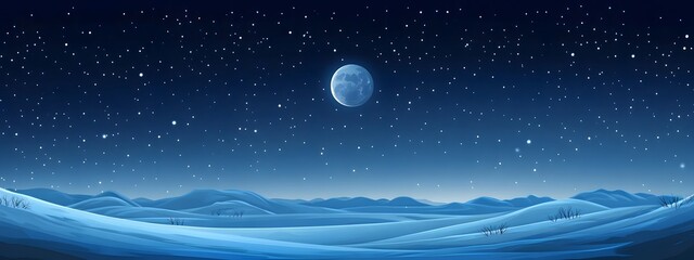 Starry sky, moonlight shining on the snowy ground, flat illustration style, simple background, cartoon style, vector graphics