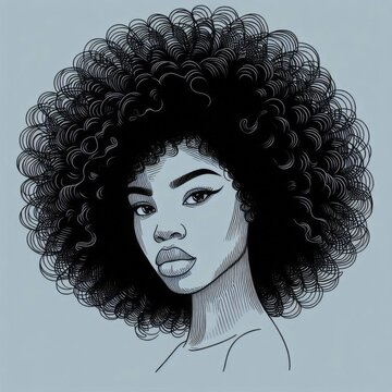 Woman's face. Portrait of African American girl in graphic style on blue background. Beautiful woman with curly lush hair. 