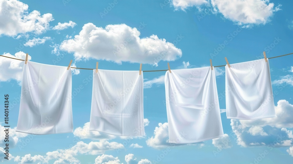 Poster freshly washed linen drying on a clothesline under a blue sky with white clouds in the background. g