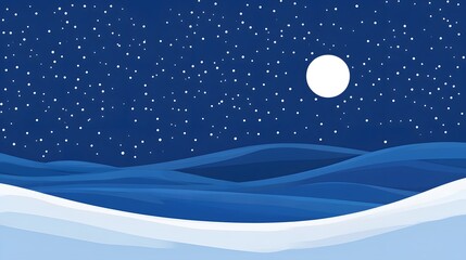 Starry sky, moonlight shining on the snowy ground, flat illustration style, simple background, cartoon style, vector graphics