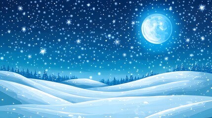 Starry sky, moonlight shining on the snowy ground, flat illustration style, simple background, cartoon style, vector graphics