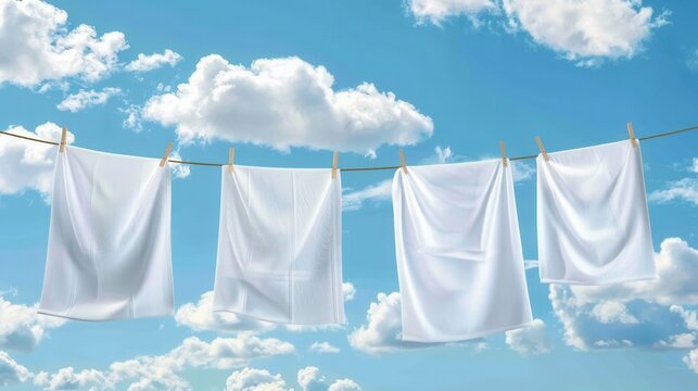 Freshly washed linen drying on a clothesline under a blue sky with white clouds in the background. Generative AI