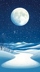 Starry sky, moonlight shining on the snowy ground, flat illustration style, simple background, cartoon style, vector graphics