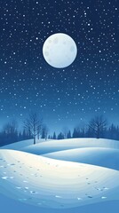 Starry sky, moonlight shining on the snowy ground, flat illustration style, simple background, cartoon style, vector graphics