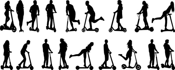 set of people riding scooters silhouette on white background, vector