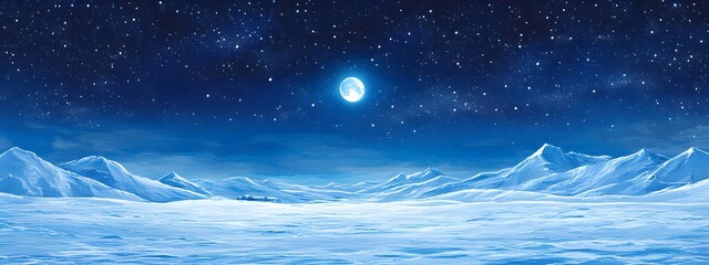 Starry sky, moonlight shining on the snowy ground, flat illustration style, simple background, cartoon style, vector graphics