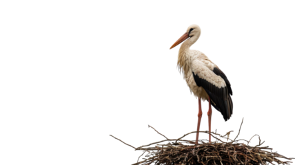 Stork standing proudly on its nest against a vibrant yellow backdrop in a serene moment of nature's beauty