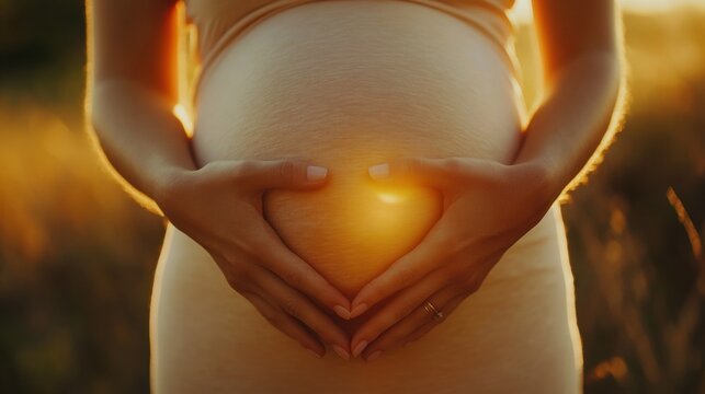 Hands cradle a pregnant belly in warm sunlight amidst a serene natural landscape at sunset. Generative AI