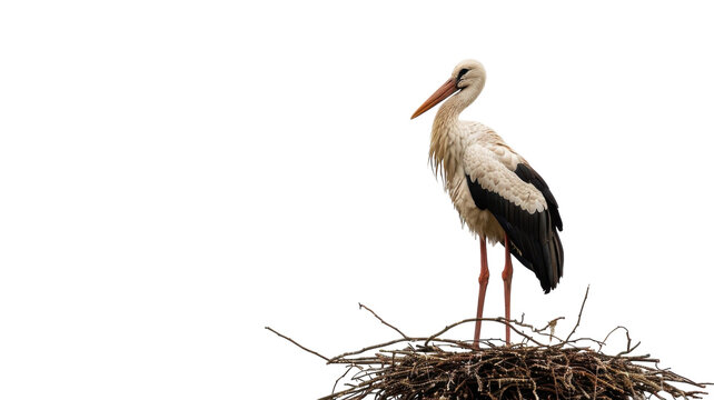 Stork standing proudly on its nest against a vibrant yellow backdrop in a serene moment of nature's beauty