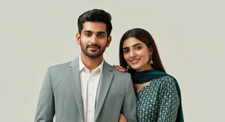 Confident young south asian couple in traditional and formal attire on neutral background
