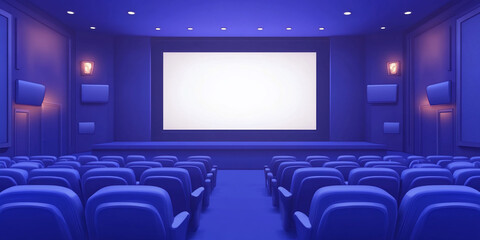 Fototapeta premium A blue-themed cinema interior with empty seating.