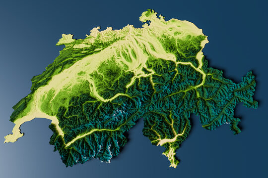 Colorized and rendered relief map of Switzerland, top down view - Data by Federal Office of Topography swisstopo