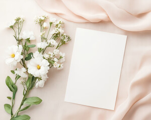 Elegant wedding invitation flat lay with white flowers and soft fabric. arrangement features delicate blooms alongside blank card, creating serene and romantic atmosphere