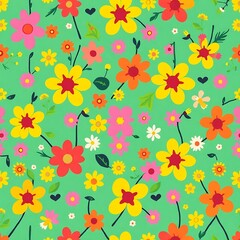 Floral Delight: A vibrant and joyful seamless pattern featuring colorful flowers in a cheerful green backdrop. The pattern is perfect for creating a variety of designs.