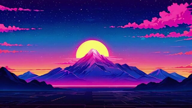Vaporwave style background, landscape with mountains and sunset, retro background, 80s and 90s, 4k High-Quality Wallpaper Background Animation Video
