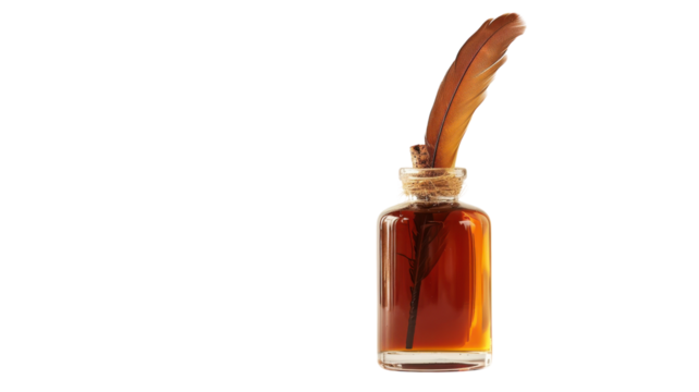 Elegant glass ink bottle with feather quill resting inside, surrounded by vibrant yellow background