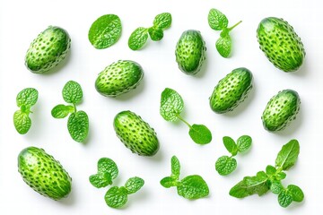 Fresh Green Kiwano Melons and Mint Leaves Flat Lay