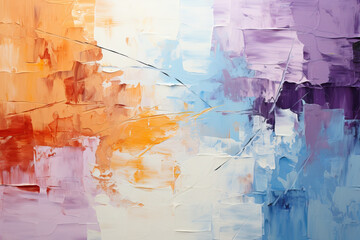An abstract artwork featuring a blend of orange, purple, and blue hues. Thick, textured brushstrokes create a dynamic and visually engaging composition.