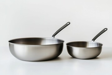 Two metal bowls, handles, light background.