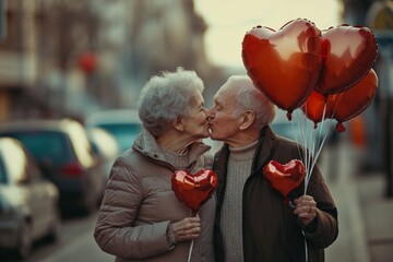 elderly couple kissing and holding heart-shaped red balloons, Valentine's Day concept 