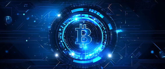 Futuristic Bitcoin symbol with blue digital elements.
