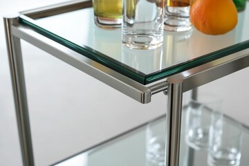 Chrome bar cart, glass top, drinks, fruit.