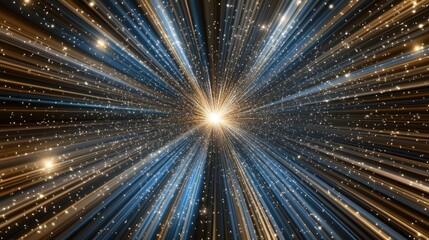 Radiating lines of golden and blue light create a vibrant abstract backdrop, evoking movement and the thrill of celebration against a dark canvas