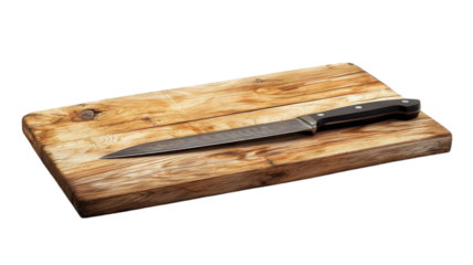 Wooden cutting board with a sleek chef's knife resting on it enhances culinary creativity in a vibrant kitchen setting