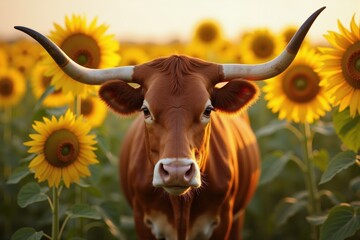 Cow grazing among vibrant sunflowers in a sustainable eco farming field during golden hour