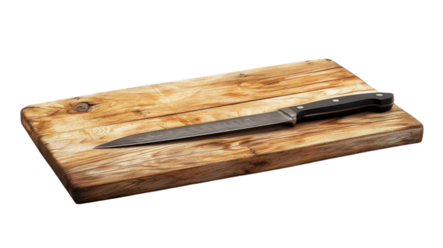 Wooden cutting board with a sleek chef's knife resting on it enhances culinary creativity in a vibrant kitchen setting