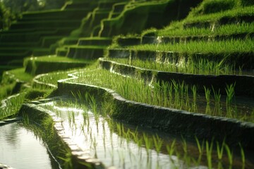 Fototapeta premium Lush green rice terraces in bali capturing nature's beauty close-up photography serene environment scenic viewpoint rice cultivation concept