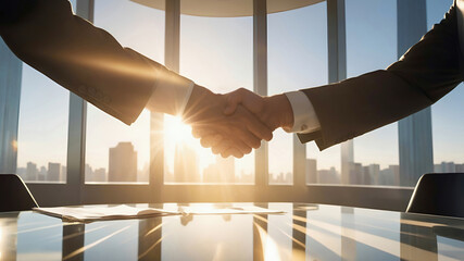 Two businessmen’s hands shaking firmly in a high-rise office setting, the golden glow of sunlight reflecting off a nearby glass table and creating lens flares