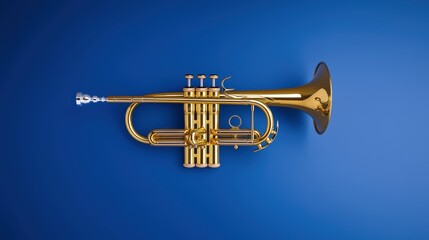 Golden trumpet on blue background music instrument showcase studio