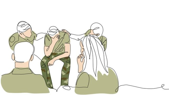 ptsd group session animated illustration. Veterans, soldiers with post traumatic stress disorder during rehabilitation group therapy. One continuous line art, self drawing animation