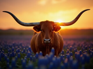 Eco farming practices at sunset with longhorn cattle in a field of bluebonnets