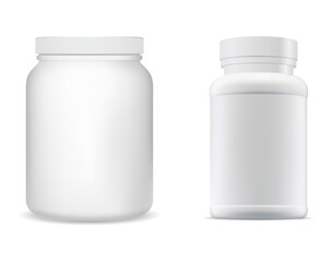 Medical pill bottle white plastic sport supplement jar vector mockup. Pharmacy drug can illustration, realistic medicament remedy pack. Vitamin capsule bottle with protein powder jar