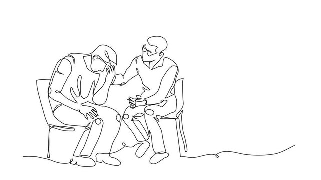ptsd therapy, post-traumatic stress disorder treatment animated illustration.Veteran, soldier and psychotherapist. One continuous line art, self drawing footage