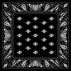 Bandana paisley square ethnic floral hand drawn pattern.Ornament classic vintage vector elements white on black background.Design for scarf,headscarf,kerchief,hijab,tablecloth,print fabric,decoration.