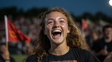A young woman with long, curly hair laughs joyfully at a sporting event.