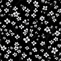 Delicate Blossom on Black: A seamless pattern of delicate white cherry blossoms blooming on slender branches against a rich black background.  