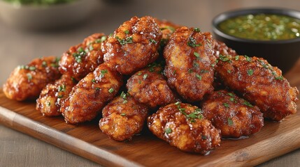 Fried chicken bites pile, sauce.