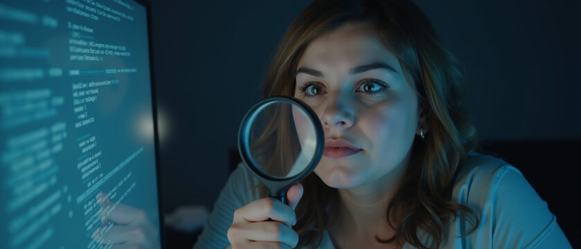 Woman examining code on a screen using a magnifying glass in a dimly lit room at night