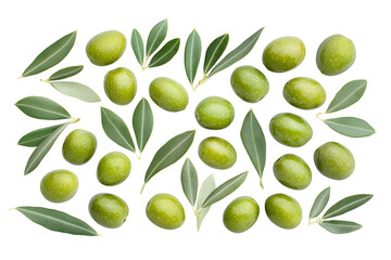 Green Olives with Leaves top view  isolated on white background