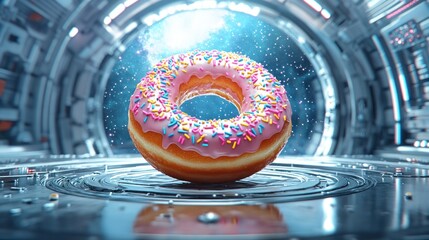 A glazed donut, topped with colorful sprinkles, is floating in zero gravity inside a futuristic spaceship. Through the windows, stars and galaxies are visible.