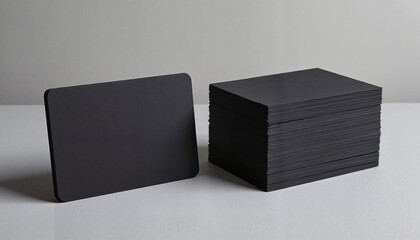 Stack of black blank cards on white background for stationery and business with copy space