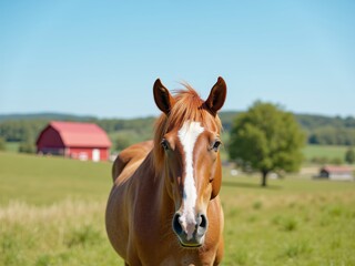 Obraz premium A beautiful chestnut horse stands in a green pasture under a clear blue sky with a red barn in the background near a peaceful countryside setting during midday