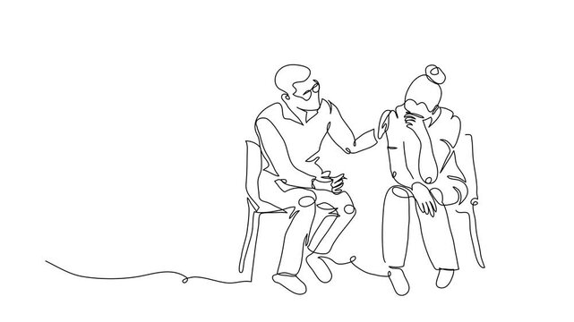 ptsd therapy, post-traumatic stress disorder treatment animated illustration. Female veteran, soldier and psychotherapist. One continuous line art drawing footage