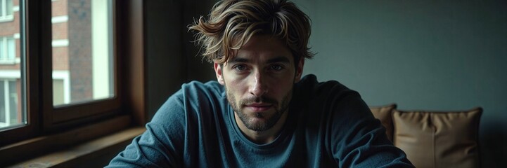 Obraz premium A man with a beard and a blue shirt is sitting on a couch. He is looking at the camera