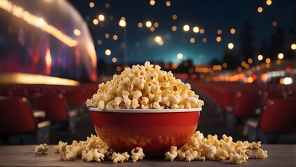 "Popcorn at Drive-In Movie &ndash; Bowl of Popcorn with Blurred Drive-In Theater Background, Evoking Nostalgia and Cinematic Joy"
