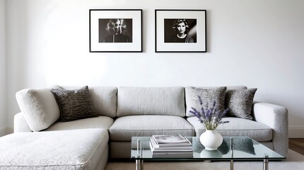 Serene Living Room Interior Design with Modern Sectional Sofa and Black and White Photography
